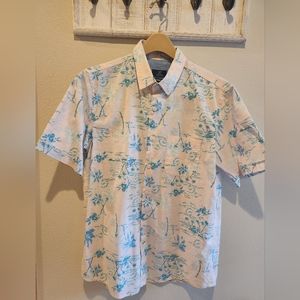Men's short sleeve button up shirt. Tropical palm tree print. Size M